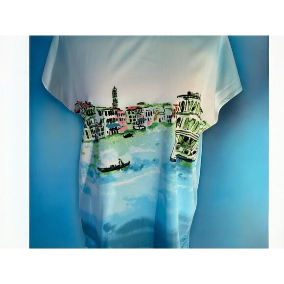 Ruby Rd Womens Venice Themed Short Sleeve Blue Relaxed Oversized Blouse Medium - Picture 6 of 8